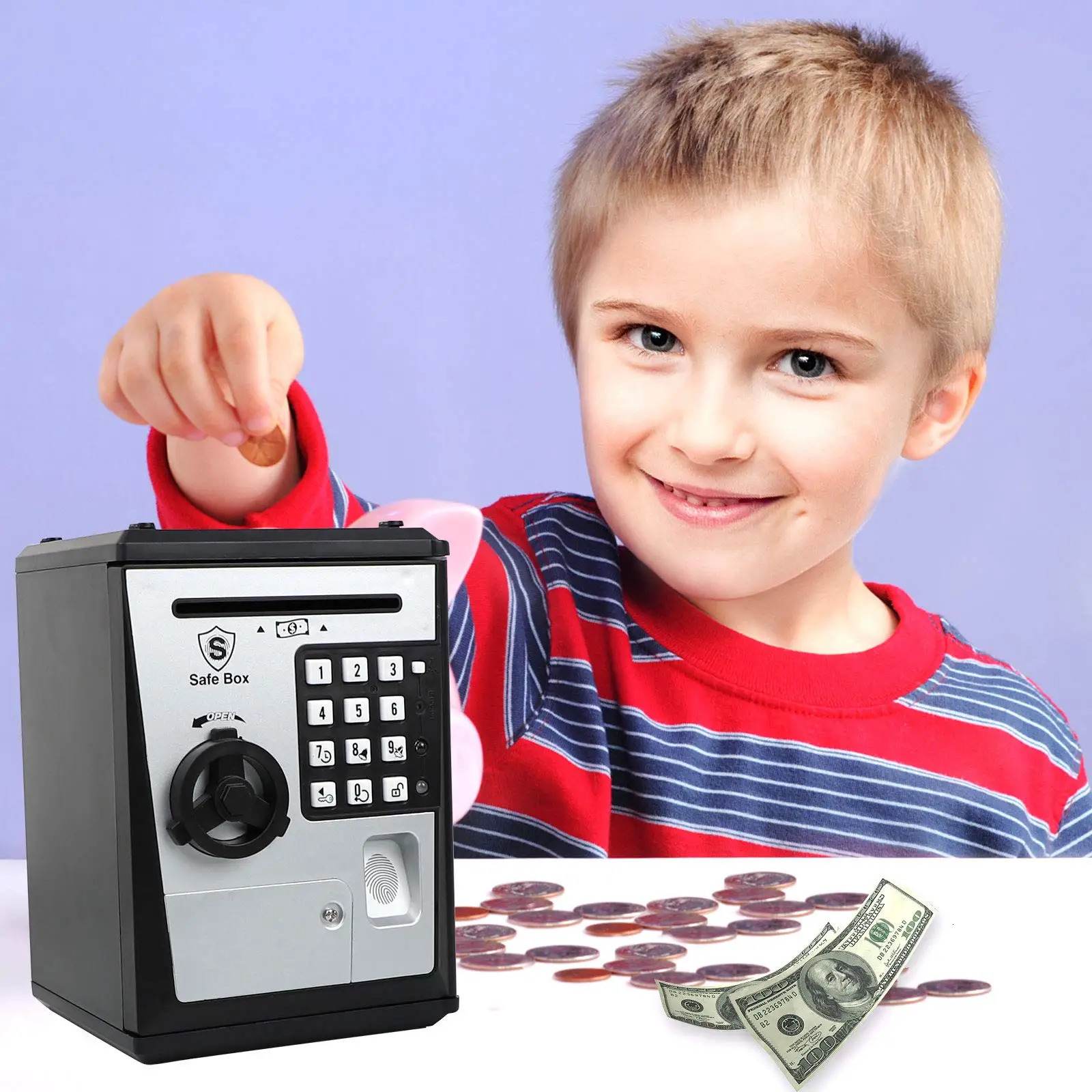 ATM Savings Bank for Real Money Electronic Voice Piggy Banks Fingerprint Password Kids Safe Box Cool Stuff Gift 240118