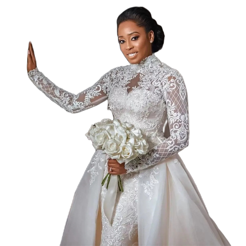 Graceful Lace Mermaid Wedding Dresses High Neck Plus Size Bridal Gowns Detachable Train Appliques Long Sleeves Arabic Vestido De Novia