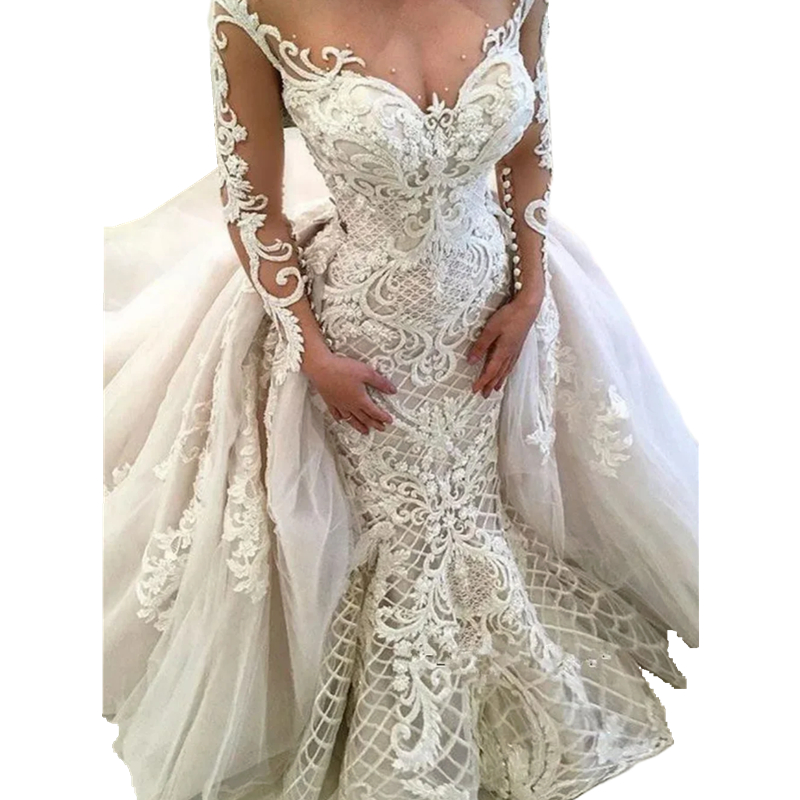 Luxury Lace Mermaid Wedding Dresses With Detachable Train 2024 Dubai Long Sleeves Bridal Gowns Sheer Neck Plus Size Bride Formal Dress 2024