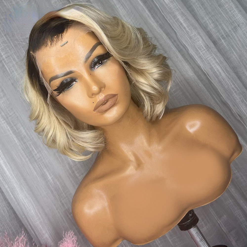 Ombre Honey Blonde Remy Human Hair Short Bob Wig for Women Glueless Transparent HD Lace 613 Body Wave 13x4 Frontal Wigs Synthetic