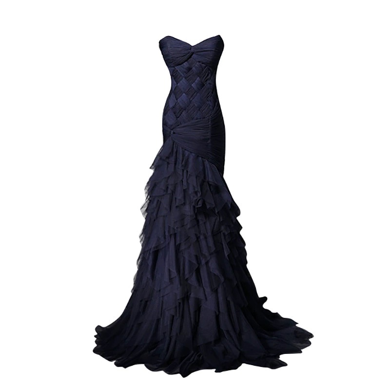 Real Pictures Dark Navy Evening Dresses Mermaid Prom Party Dresses Lace-up Back Layers Tulle Sweep Train
