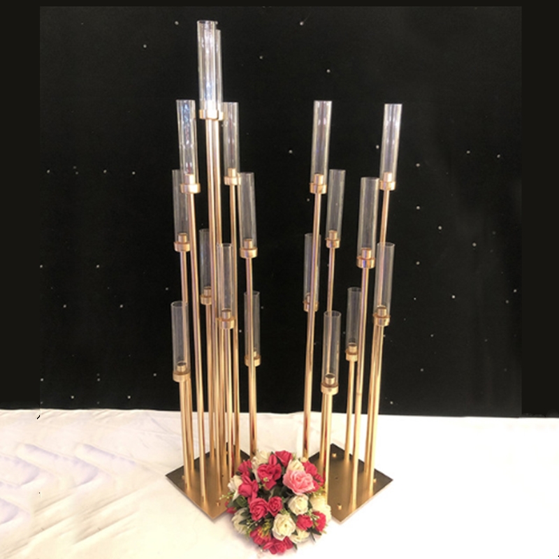 QB 8 Heads Metal Candelabra Candle Holders Road Lead Table Centerpiece Gold Candelabrum Stand Pillar Candlestick wedding H260310