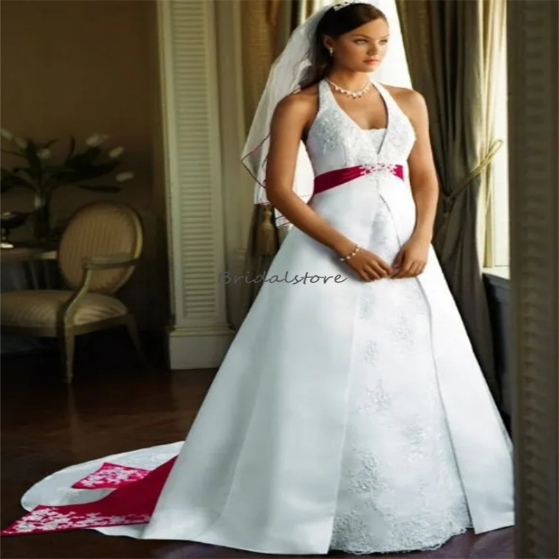 Victorian White With Red Gothic Wedding Dresses Chic Halter V Neck Lace Satin Rustic Country Bridal Dresses With Sash Fantasy Medieval Robe De Mariee 