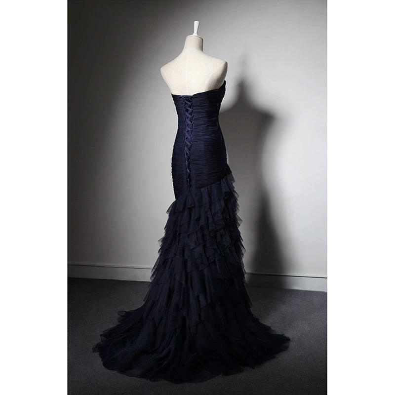 Real Pictures Dark Navy Evening Dresses Mermaid Prom Party Dresses Lace-up Back Layers Tulle Sweep Train