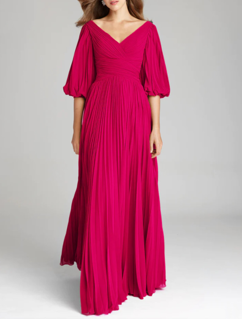 Classy Long Pink Chiffon V-Neck 3/4 Sleeve Mother of the Bride Dresses A-Line Fuchsia Royal Blue Pleated Floor Length Mom of The Groom Dress Godmother
