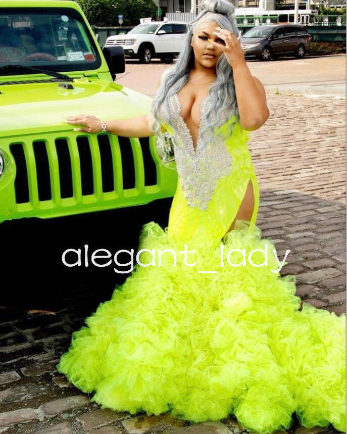 Lemon Green Sparkly Prom Ceremony Dresses for Women Luxury Diamond Crystal Ruffles Skirt Evening Gown vestidos de fiesta