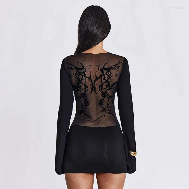 Casual Dresses Dark Wind Mesh Thorny Print Sexy Dress With Spicy Girl Slimming Round Neck Autumn Long Sleeved Black For