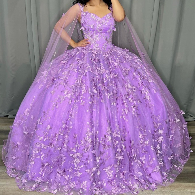 Lavender Sweetheart Ball Gown Quinceanera Dresses 2024 Lace Bow Beads Tull With Cape Sweet Corset vestidos de 15