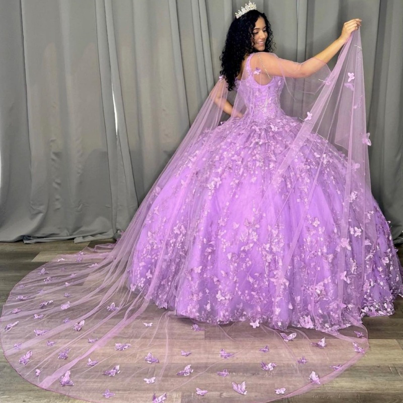 Lavender Sweetheart Ball Gown Quinceanera Dresses 2024 Lace Bow Beads Tull With Cape Sweet Corset vestidos de 15