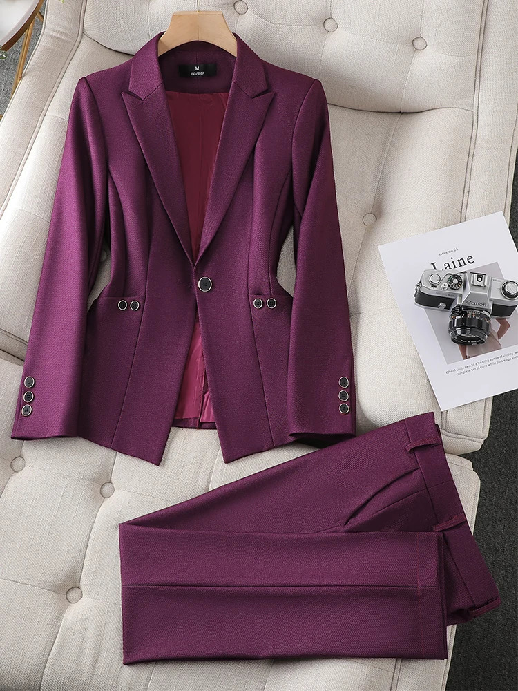 Ladies Blazer And Pant Suit Formal Green Purple Blue Black Solid Women Jacket Trouser Female Business Work Wear 2 Piece Set 240118