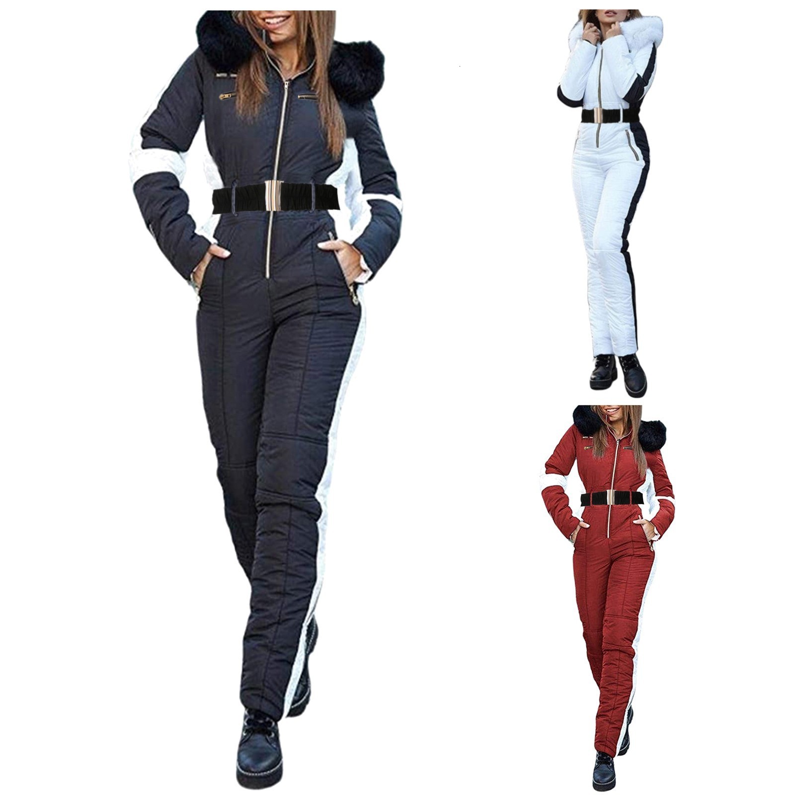 Winter Patchwork Ski Jumpsuits For Women Long Sleeve Waterproof Windproof Skiing Overall Female Elegant Skateboard Jumpsuit 240112