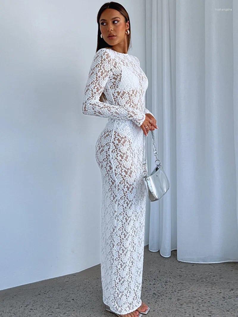 Casual Dresses Woman Sexy Hollow Out Lace 2024 Fashion O-neck See Through Slim Long Dress Black White Night Club Outfit Streetwear
