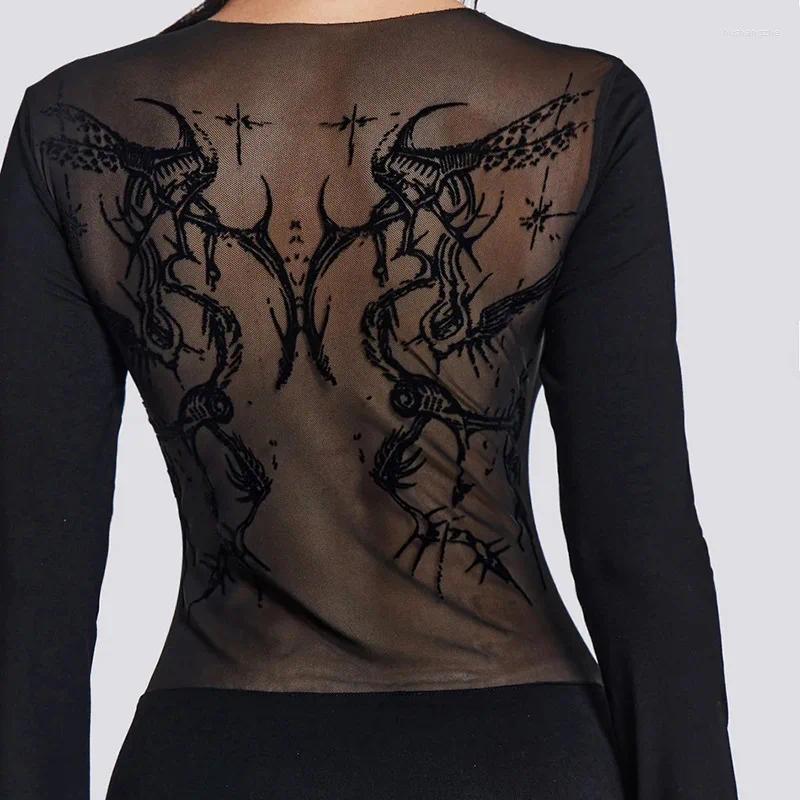Casual Dresses Dark Wind Mesh Thorny Print Sexy Dress With Spicy Girl Slimming Round Neck Autumn Long Sleeved Black For