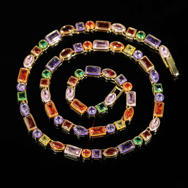 Rainbow Tennis Chain Choker Necklace: Iced Out Zircon Cubic Zirconia Gold Plated Jewelry 2e45