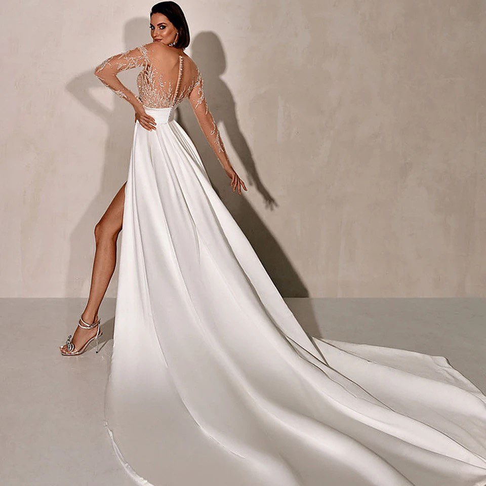 Elegant Mermaid Wedding Dresses Jewel Appliques Long Sleeves Beads Pleats Side Split Satin Sweep Train Custom Made Plus Size Bridal Gown Vestidos De N