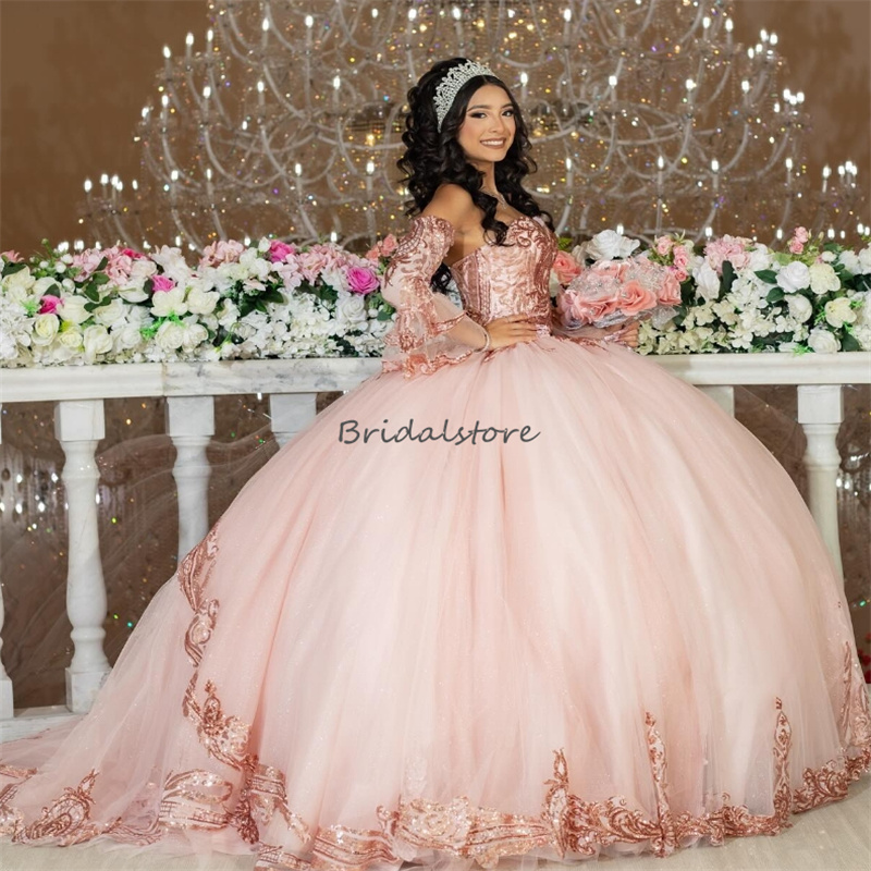 Glitter Pink Quinceanera Dresses With Sleeves Sweetheart Ball Gown Sequin Fifteen Birthday Party Dress Vestidos De xv 15 Anos 2024 Corset Princess Swe