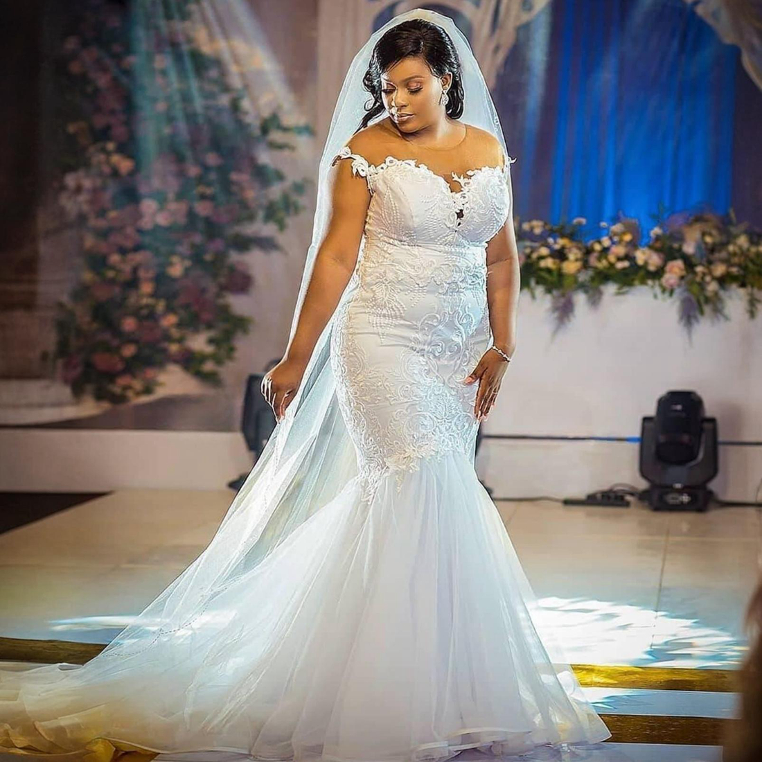 R&W African Mermaid Bride Illusion Sheer Neck Short Sleeves Bridal for Black Women Girls Tulle Marriage Dress Beach Wedding Gowns D122