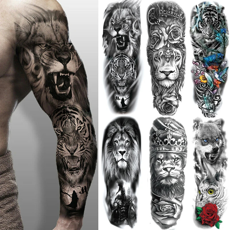 Large Arm Sleeve Lion Crown King Rose Waterproof Temporary Tattoo Sticker Fashion Wild Wolf Tiger Men Full Skull Totem Women 240122