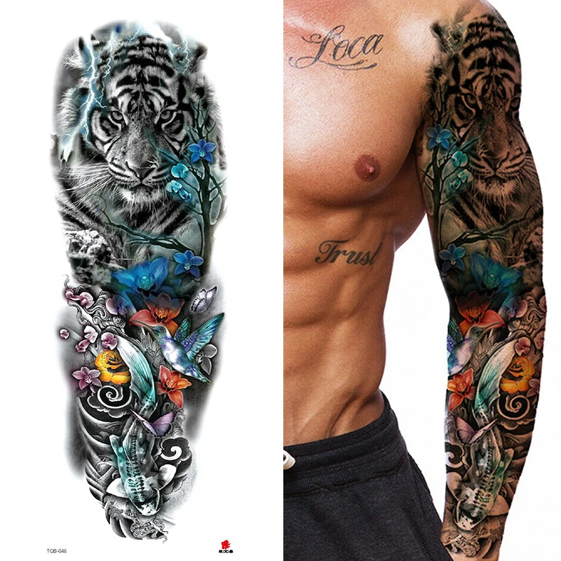 Large Arm Sleeve Lion Crown King Rose Waterproof Temporary Tattoo Sticker Fashion Wild Wolf Tiger Men Full Skull Totem Women 240122