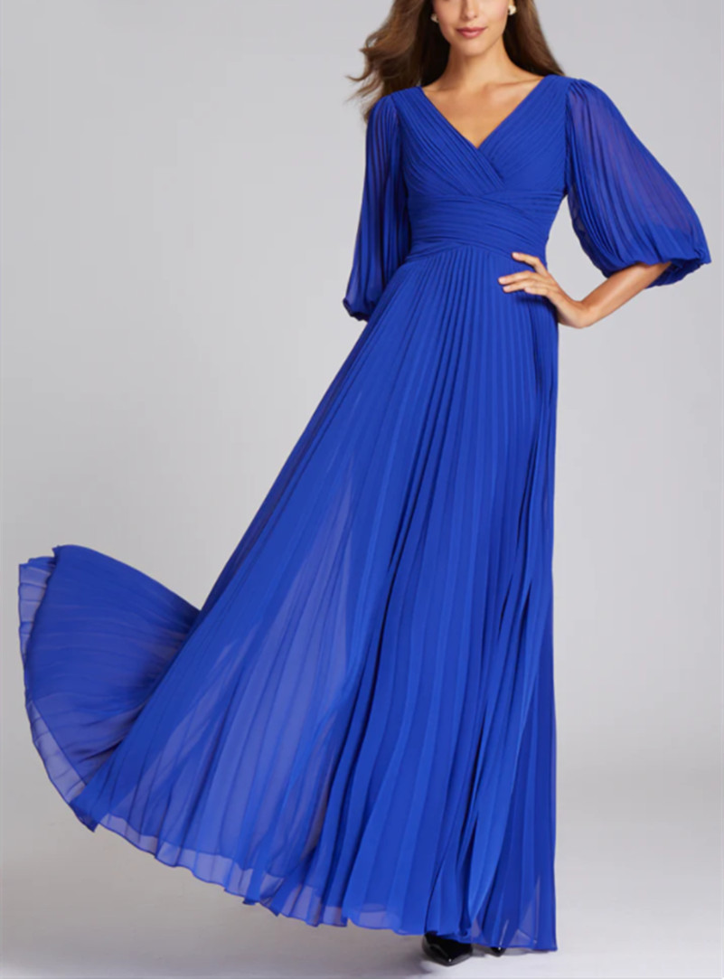 Classy Long Pink Chiffon V-Neck 3/4 Sleeve Mother of the Bride Dresses A-Line Fuchsia Royal Blue Pleated Floor Length Mom of The Groom Dress Godmother
