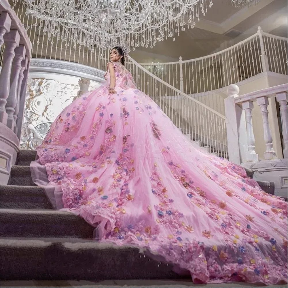 Pink Floral Crystal Sequined Ball Gown Quinceanera Dresses Sweetheart 3D Flowers Ruffles Corset Sweet 15 Vestidos De Anos