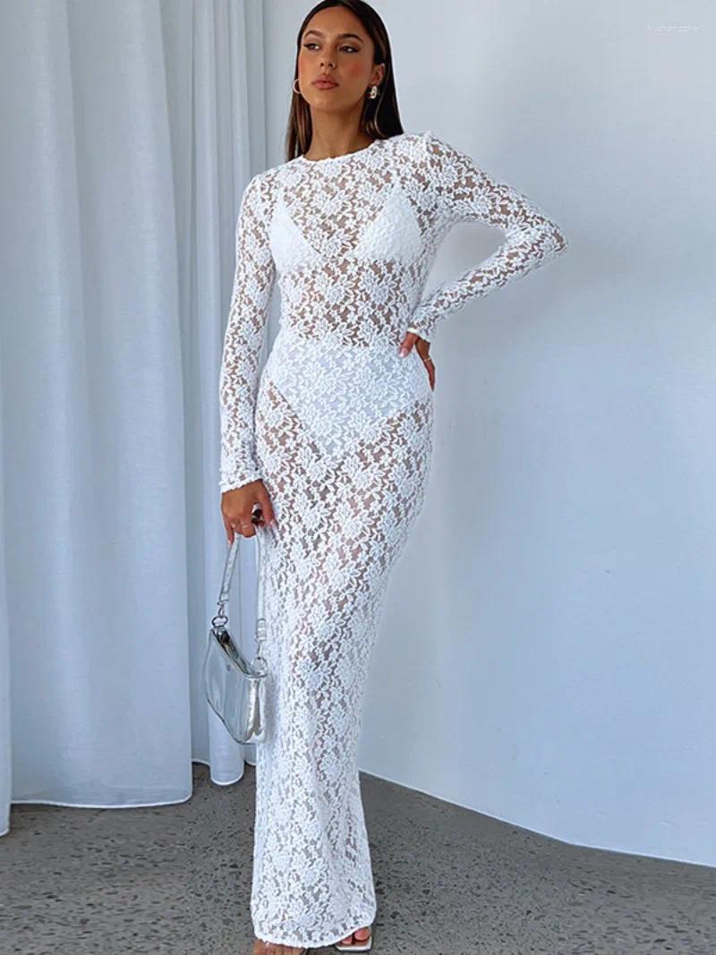 Casual Dresses Woman Sexy Hollow Out Lace 2024 Fashion O-neck See Through Slim Long Dress Black White Night Club Outfit Streetwear