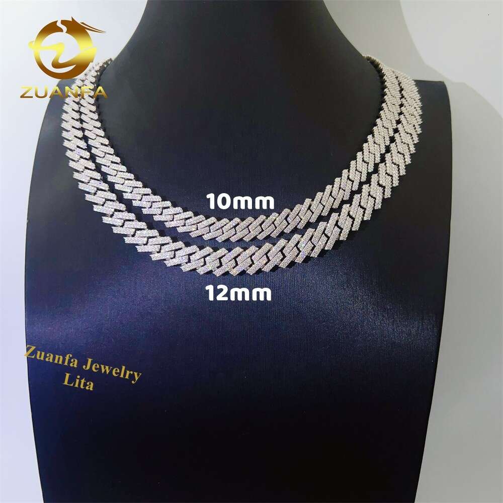 Hip Hop Selling Miami 10mm 12mm Vvs Moissanite Diamond Iced Out Necklace Sliver Cuban Link Chain