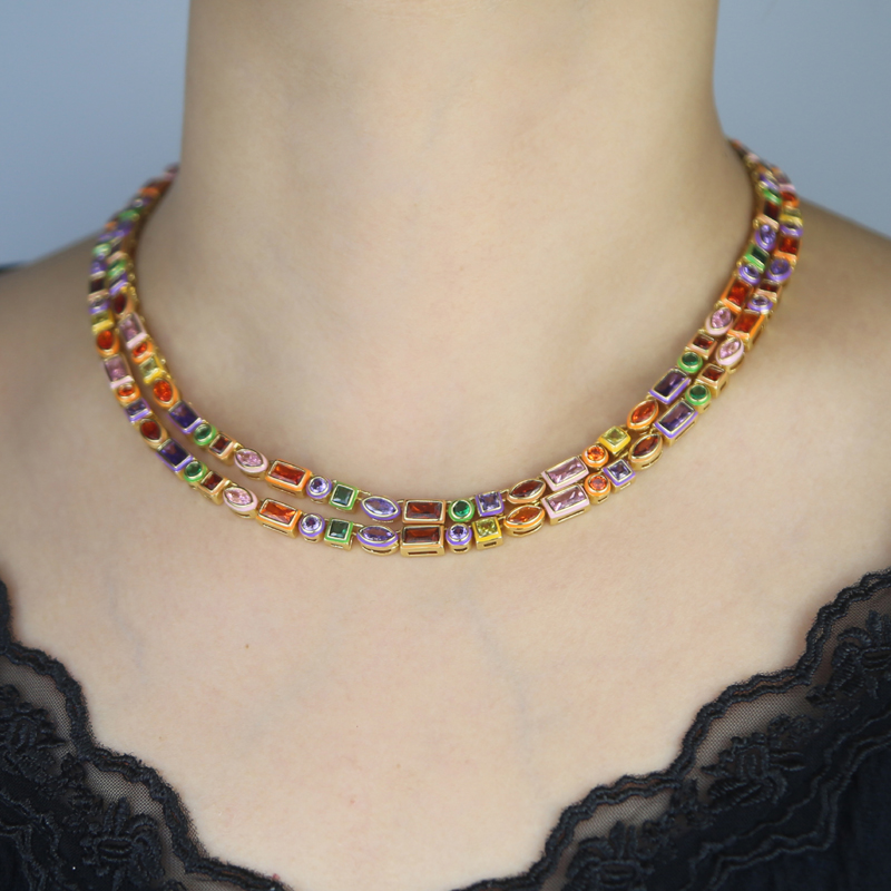 Rainbow Tennis Chain Choker Necklace: Iced Out Zircon Cubic Zirconia Gold Plated Jewelry 2e45