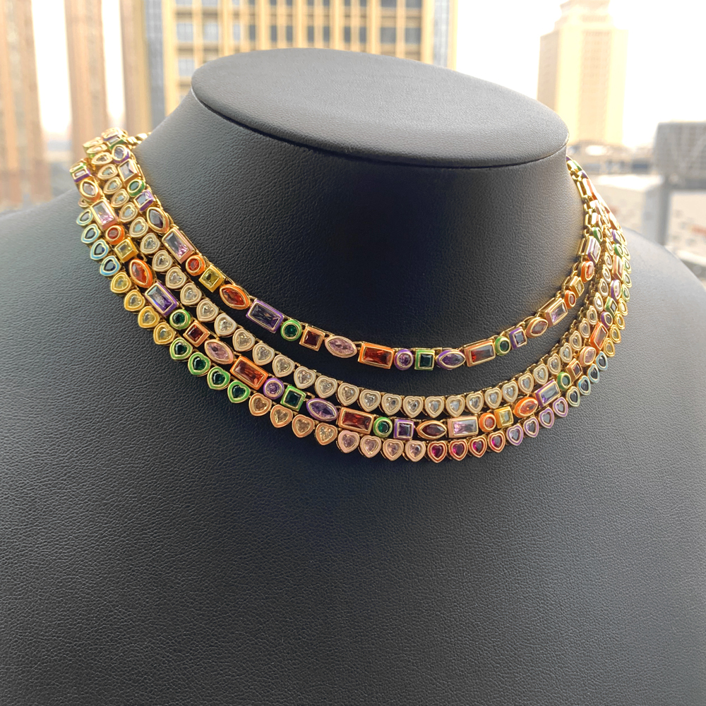 Rainbow Tennis Chain Choker Necklace: Iced Out Zircon Cubic Zirconia Gold Plated Jewelry 2e45