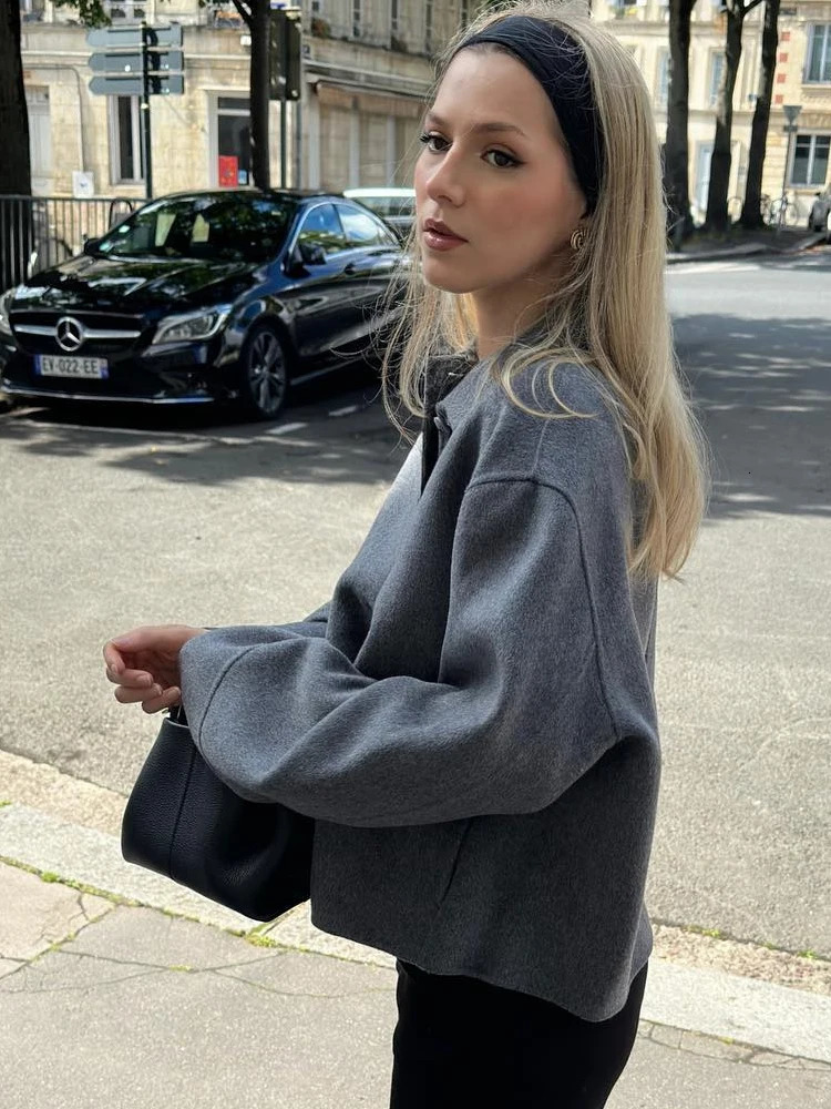 Vintage Solid Cropped Woolen Jacket For Woman Long Sleeve Lapel Short Coats Female Autumn High Street Lady Chic Outerwear 240118