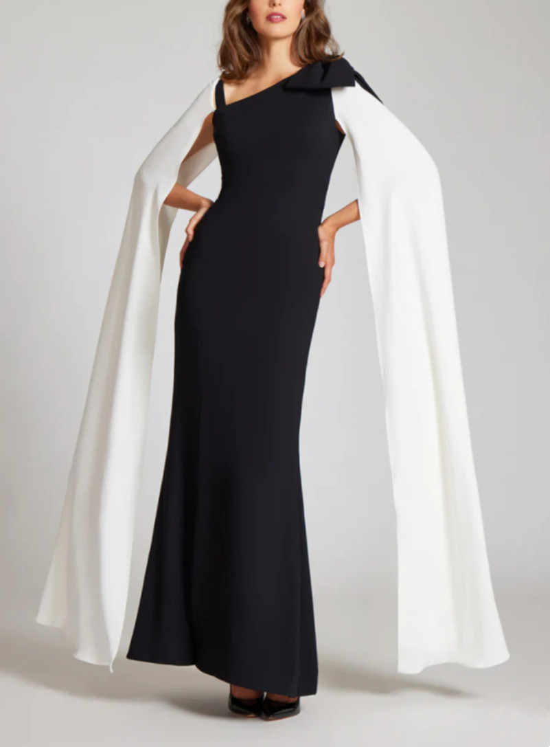 Vintage Long Black One Shoulder Mother of the Bride Dresses With Slit/Bow/Cape Mermaid Pleated Ankle Length Mom of The Groom Dress Godmother Dress for