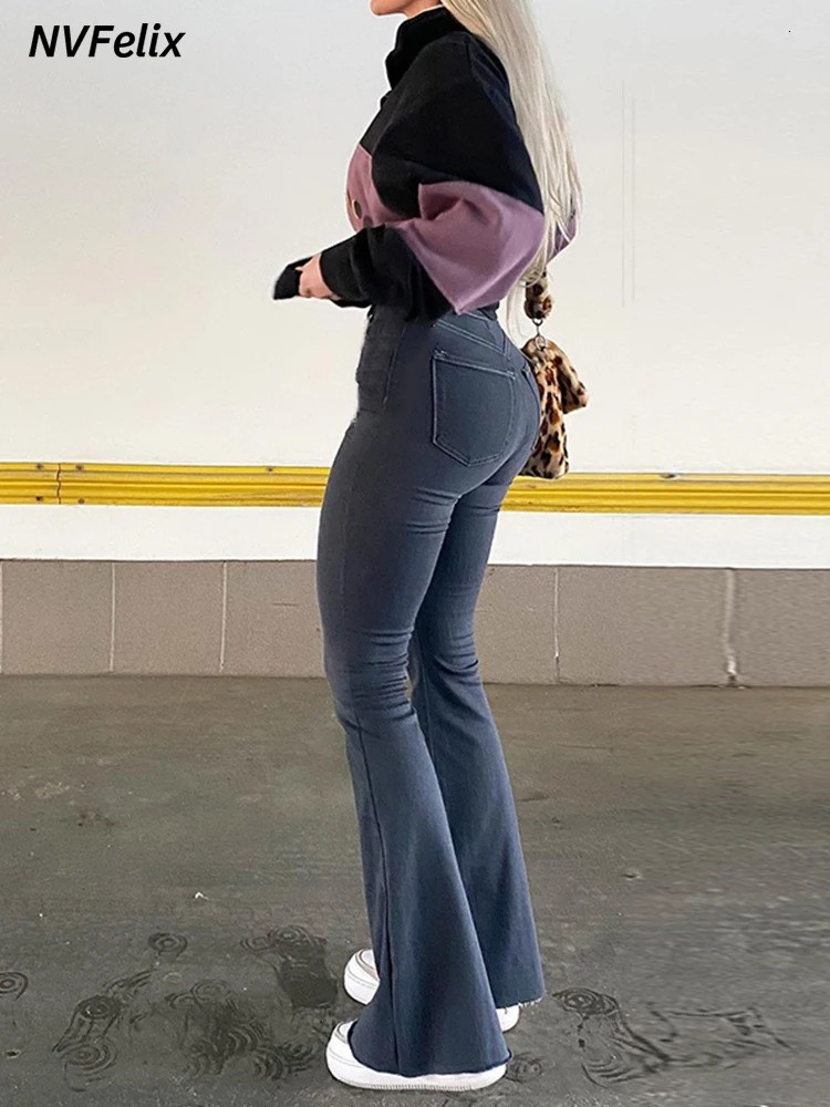 Flare Wide Leg Jeans Women Elastic High Waist Skinny Mom Denim Pants Fashion Oversize Casual Winter Trousers Streetwear 240118