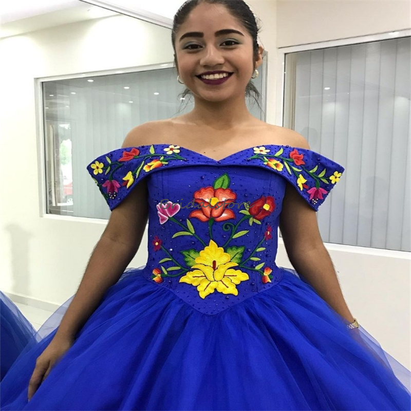Traditional Mexican Blue Quinceanera Dresses With Colorful Flower Embroidery Fifteen Birthday Dress Vestido De Xv Debutante Beaded Off Shoulders Prom 