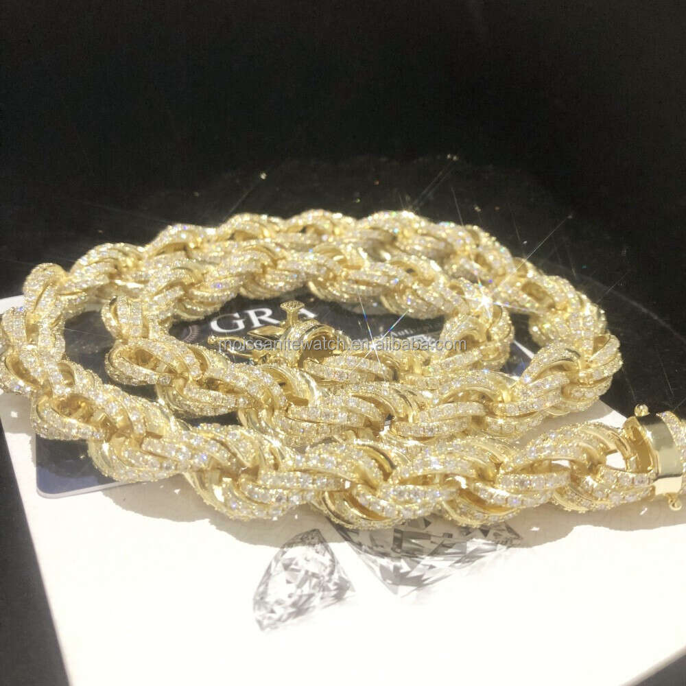 Custom Hiphop 12mm Fried Dough Twists Rope Chain Necklace 925 Sterling Silver Electroplated 14k Gold Jewelry Moissanite Necklace