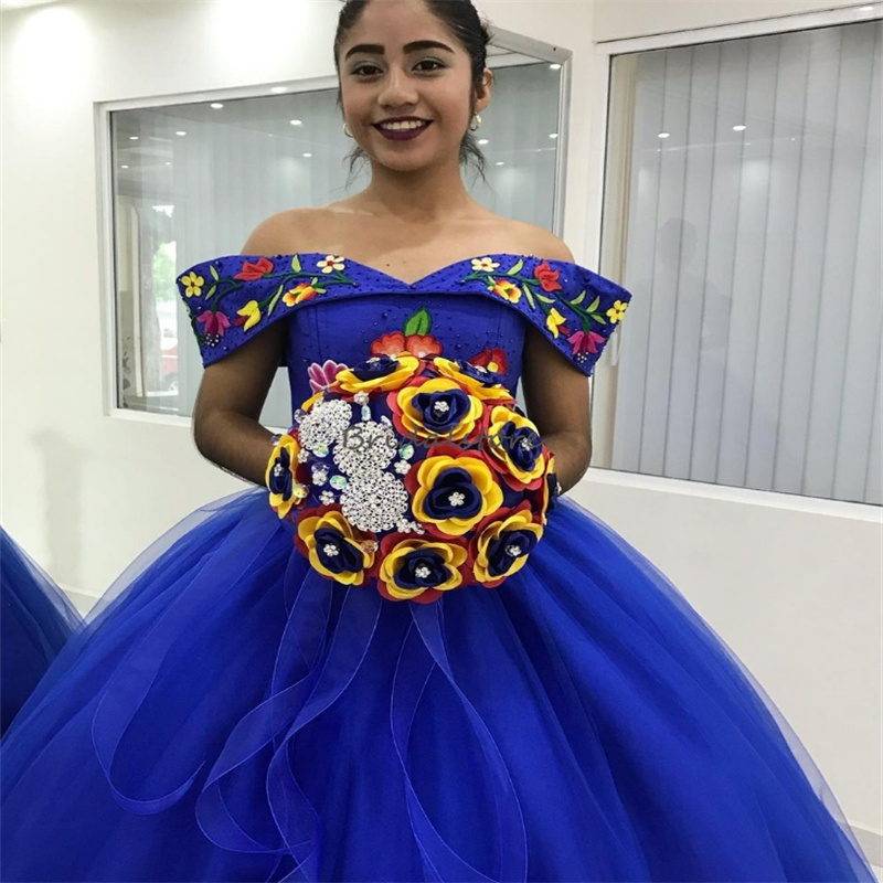 Traditional Mexican Blue Quinceanera Dresses With Colorful Flower Embroidery Fifteen Birthday Dress Vestido De Xv Debutante Beaded Off Shoulders Prom 