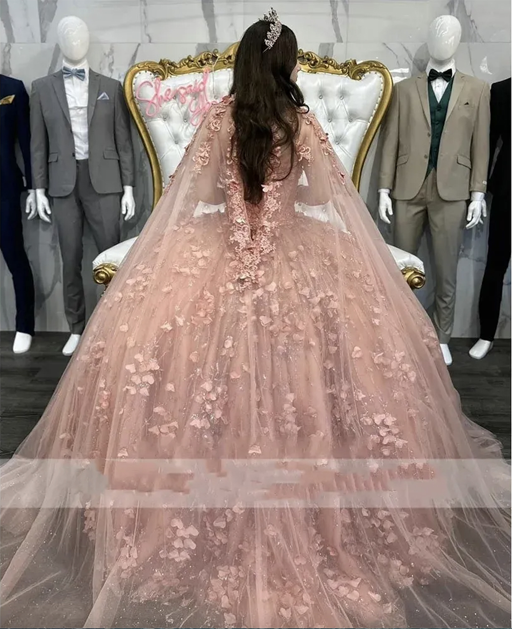 Pink Quinceanera Dresses Sequins Beaded 3D Floral Applique With Cape Corset Back Tulle Custom Sweet 15 16 Princess Pageant Ball Gown Vestidos