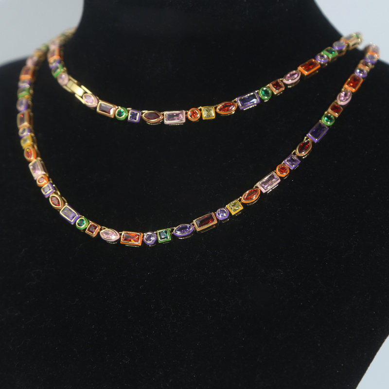 Rainbow Tennis Chain Choker Necklace: Iced Out Zircon Cubic Zirconia Gold Plated Jewelry 2e45