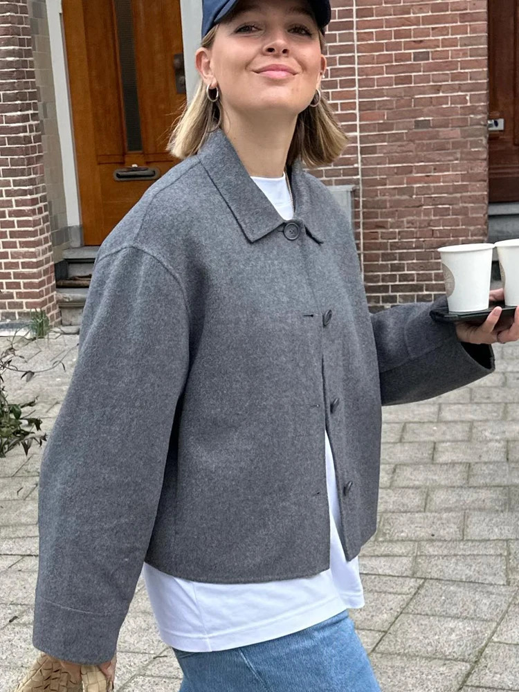 Vintage Solid Cropped Woolen Jacket For Woman Long Sleeve Lapel Short Coats Female Autumn High Street Lady Chic Outerwear 240118
