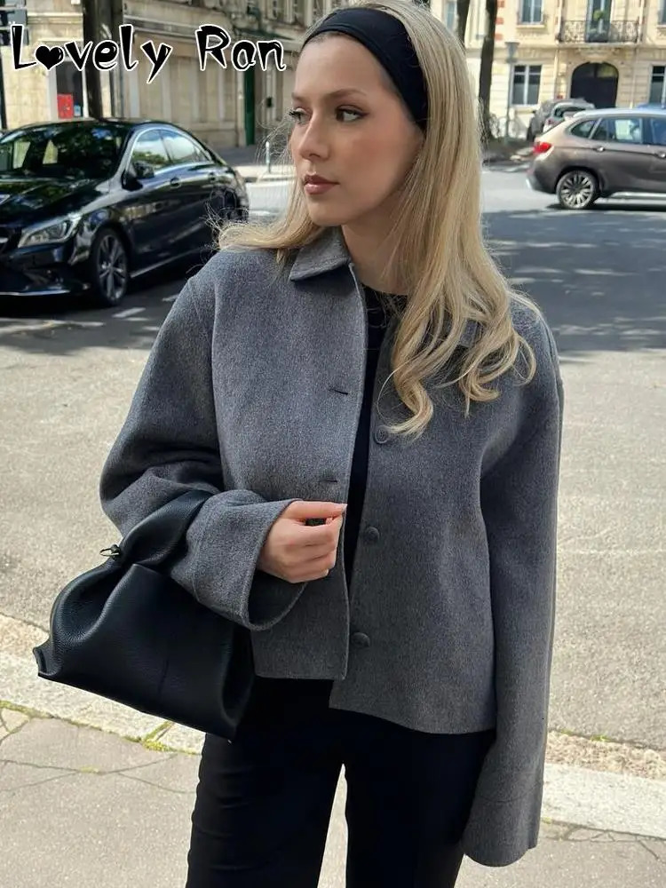 Vintage Solid Cropped Woolen Jacket For Woman Long Sleeve Lapel Short Coats Female Autumn High Street Lady Chic Outerwear 240118