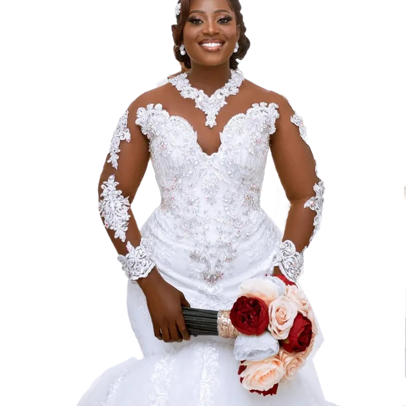 Crystal Beaded Mermaid Wedding Dresses Lace Appliques Long Sleeves African Arabic Luxury Bridal Gowns With Detachable Train