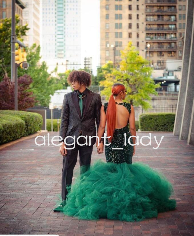 Emerald Green Mermaid Prom Party Dresses for Women Luxury Crystal Beaded Velvet Black Girl Evening Celebrity Gown backless