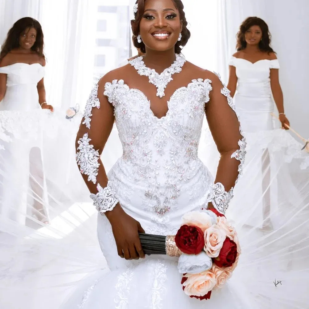 Crystal Beaded Mermaid Wedding Dresses Lace Appliques Long Sleeves African Arabic Luxury Bridal Gowns With Detachable Train