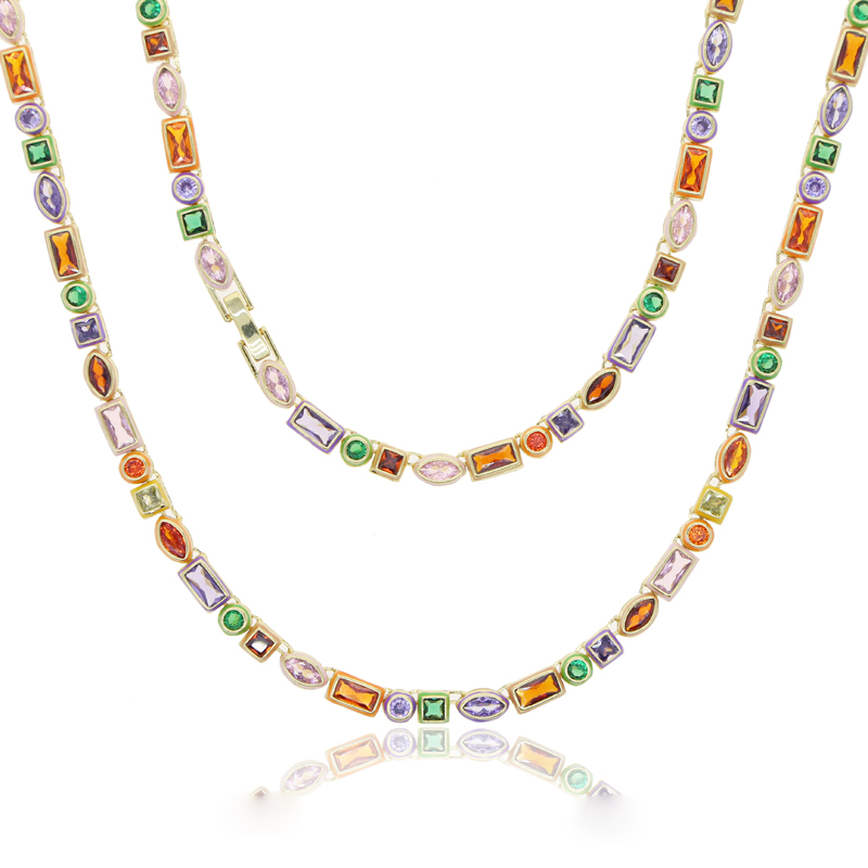 Rainbow Tennis Chain Choker Necklace: Iced Out Zircon Cubic Zirconia Gold Plated Jewelry 2e45