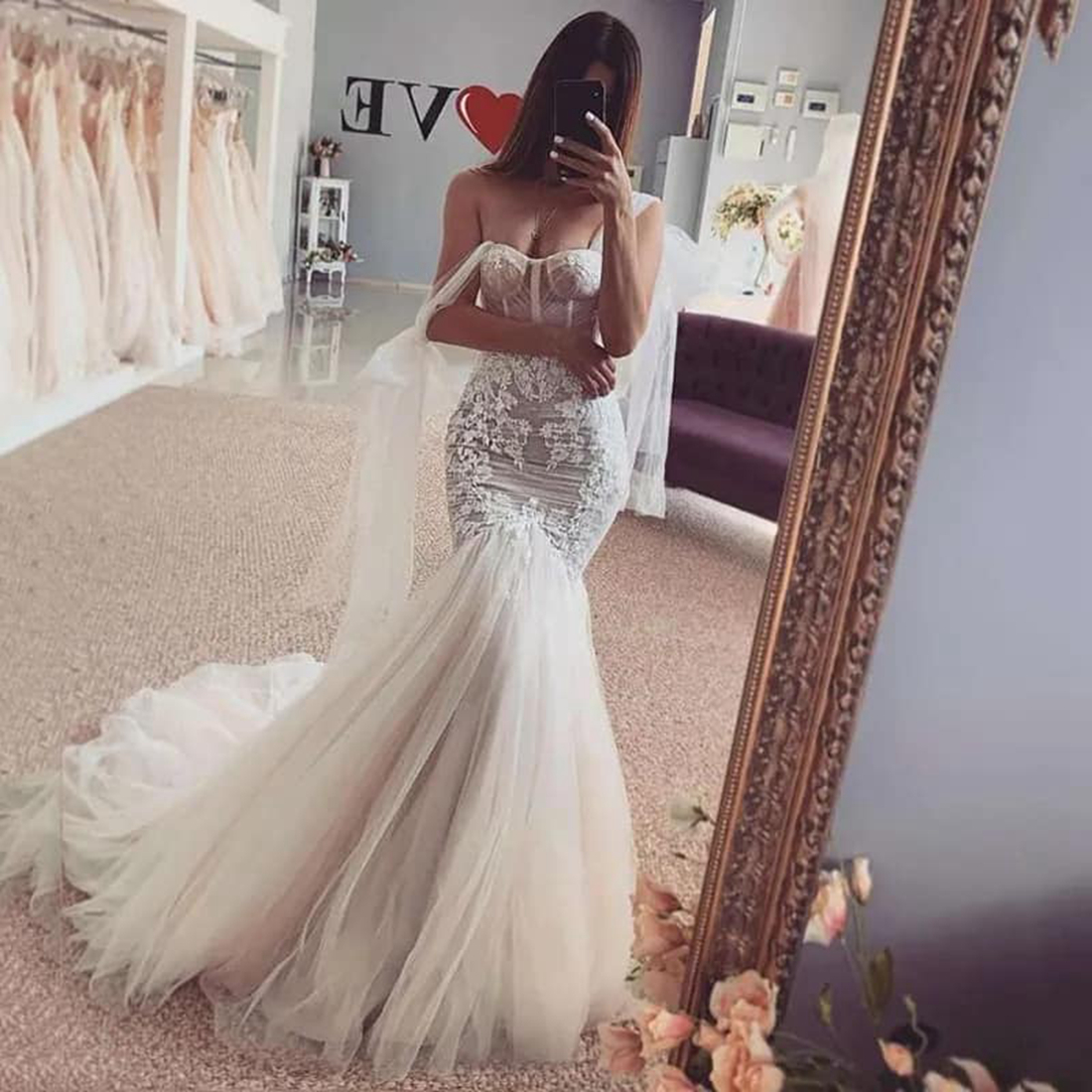 R&W Boho Mermaid Bride Illusion Off Shoulder Bridal for Black Women Girls Tulle Marriage Dress Beach Wedding Gowns D123
