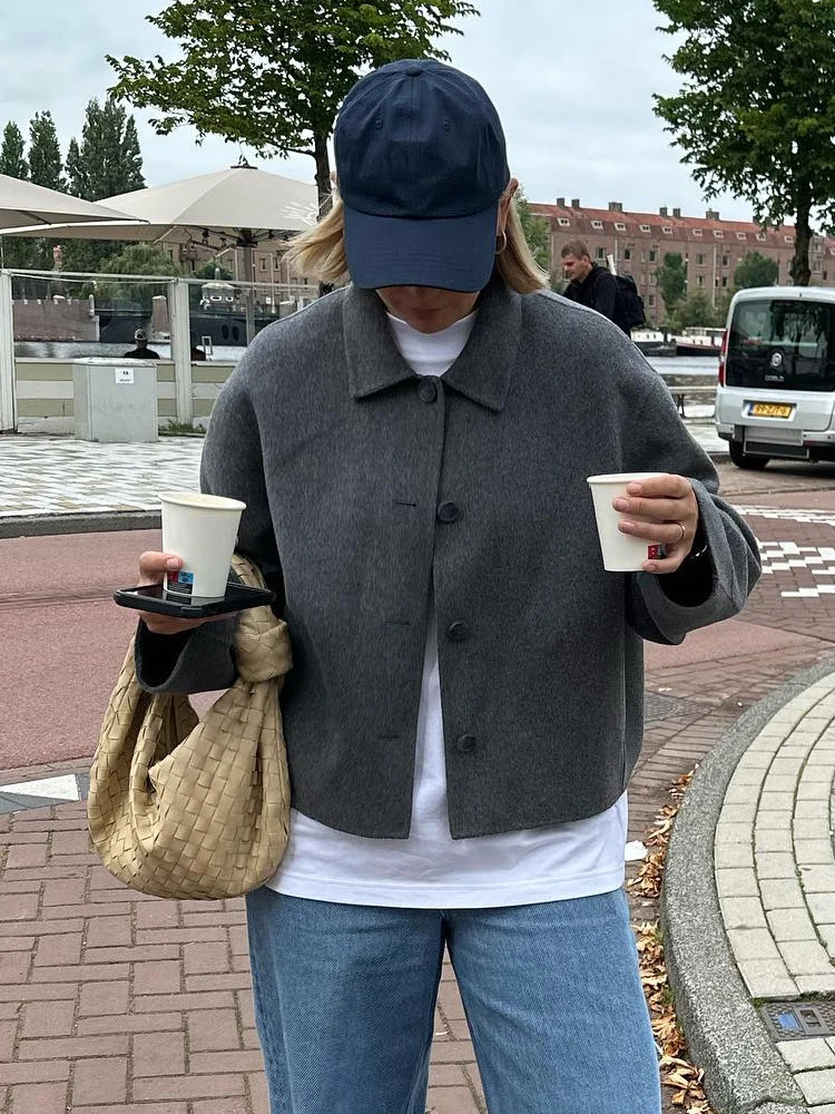 Vintage Solid Cropped Woolen Jacket For Woman Long Sleeve Lapel Short Coats Female Autumn High Street Lady Chic Outerwear 240118