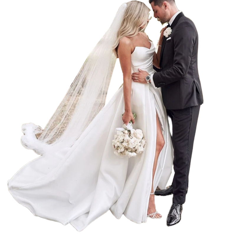 Simple Strapless Wedding Dress For Women Sexy Pleats Split Bridal Gowns Satin A Line Sweep Train Custom Made Vestido De Novia 2024