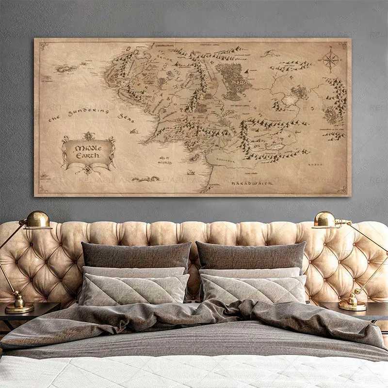 Paintings Retro The-Lord-of-Rings Map Canvas Painting Vintage Middle-earth Map Poster Movie Wall Art Pictures for Home Living Room Decor