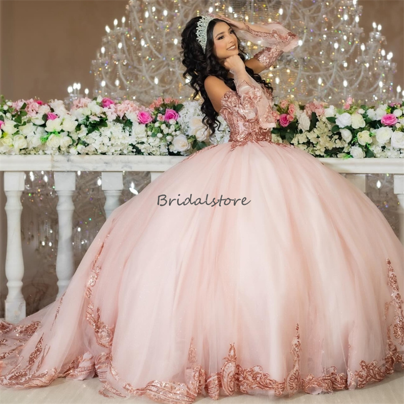 Glitter Pink Quinceanera Dresses With Sleeves Sweetheart Ball Gown Sequin Fifteen Birthday Party Dress Vestidos De xv 15 Anos 2024 Corset Princess Swe