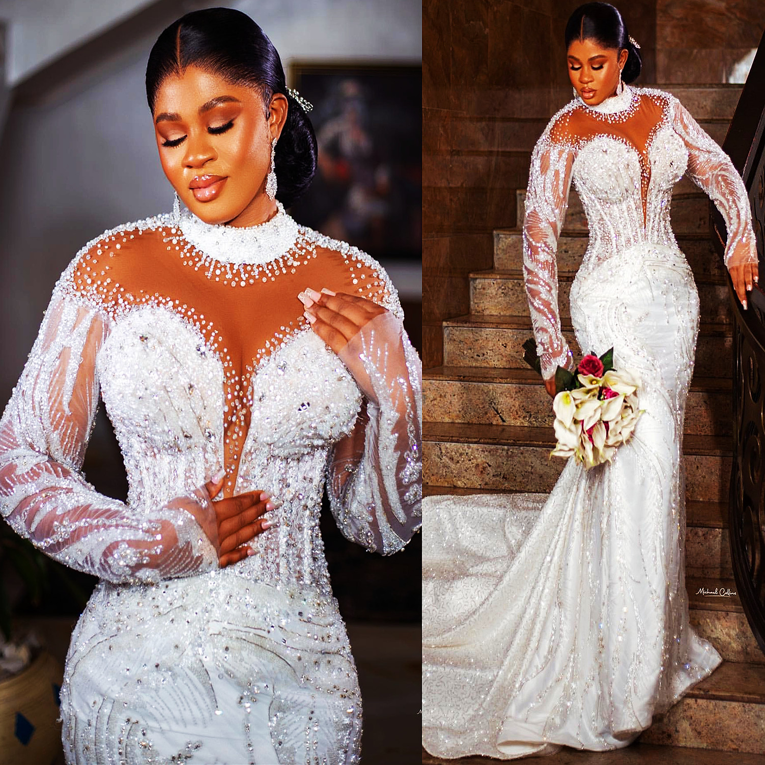 2024 Arabic Aso Ebi Plus Size Ivory Mermaid Lace Wedding Dress Beaded Crystals Sequined Lace Bridal Gowns Dresses ZJ045