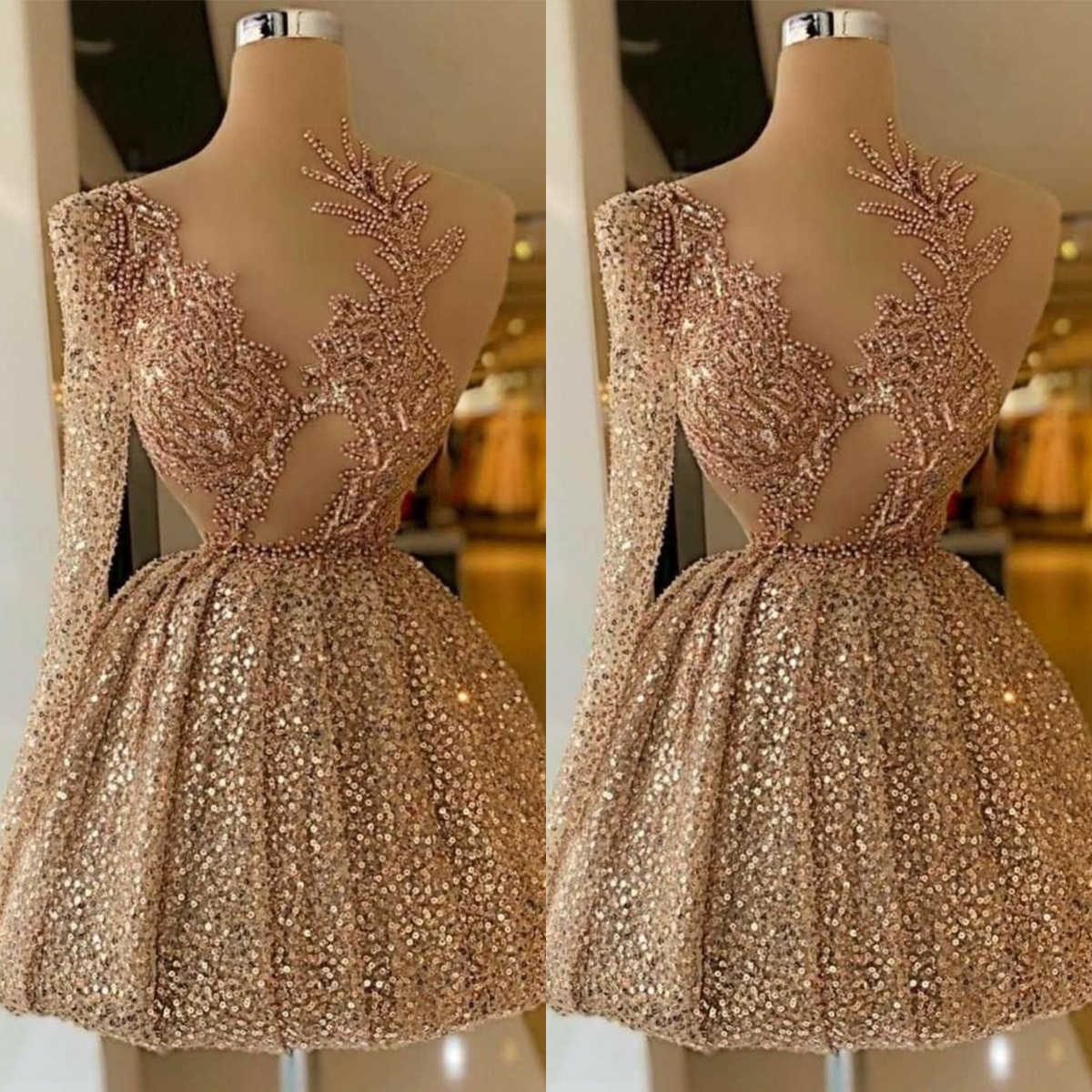 Fashion Prom Dresses Women Sheer Neck One Shoulder Beads Sequins Appliques Mini Dress For Evening Party Custom Made